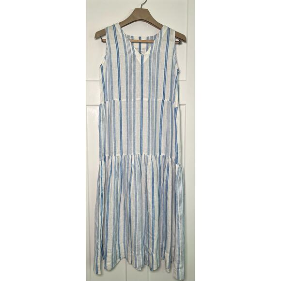 Karyn Seo Maxi Dress Linen Striped Size S‎ Coastal Blue White NWT - Picture 1 of 12